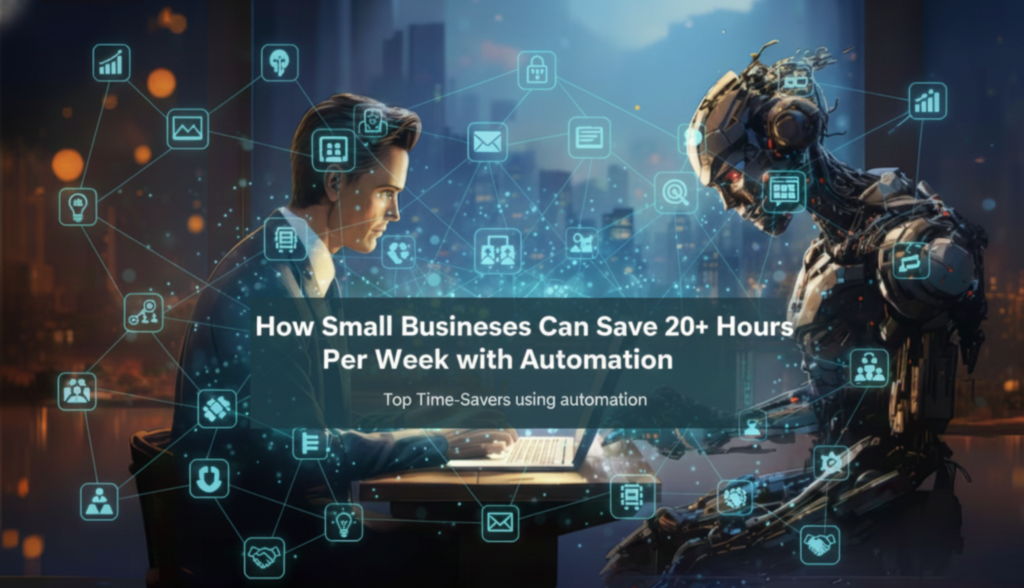 A small business owner working on a laptop across from an AI-powered robot, symbolizing business automation, productivity, and saving 20+ hours per week through AI technology.
