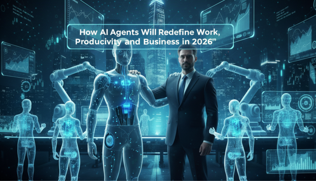 AI agent and businessman handshake representing human-AI collaboration in digital workspace with automation technology and data analytics for business productivity in 2026