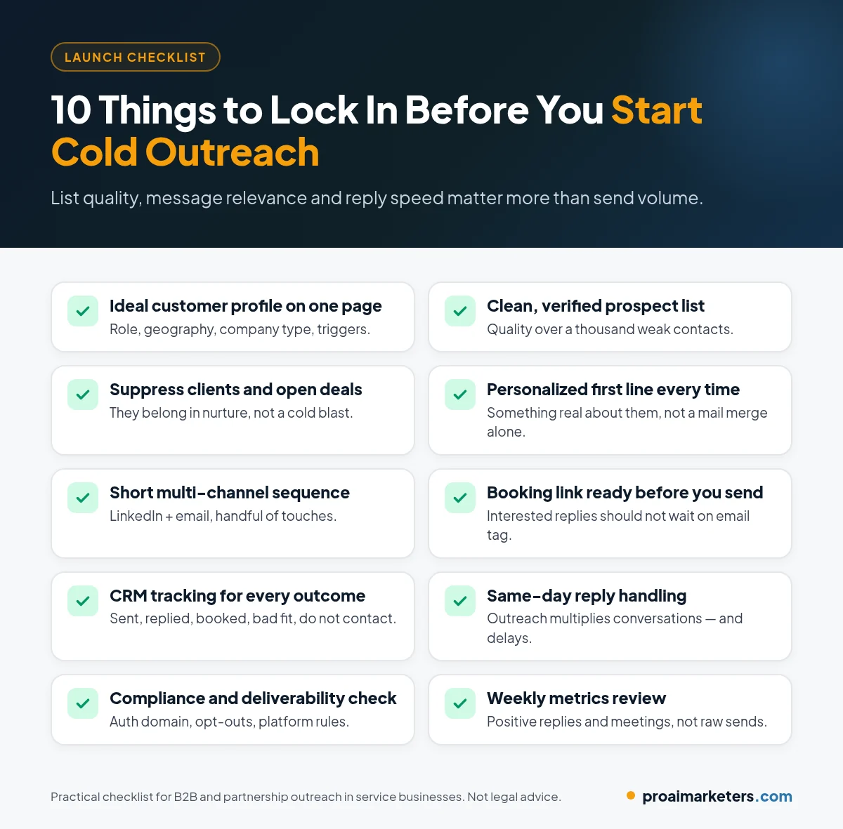 Checklist of ten cold outreach setup items for service businesses: ideal customer profile, clean verified list, suppress existing clients, personalized first line, short multi-channel sequence, booking link ready, CRM tracking, same-day reply handling, compliance review, and weekly metrics review