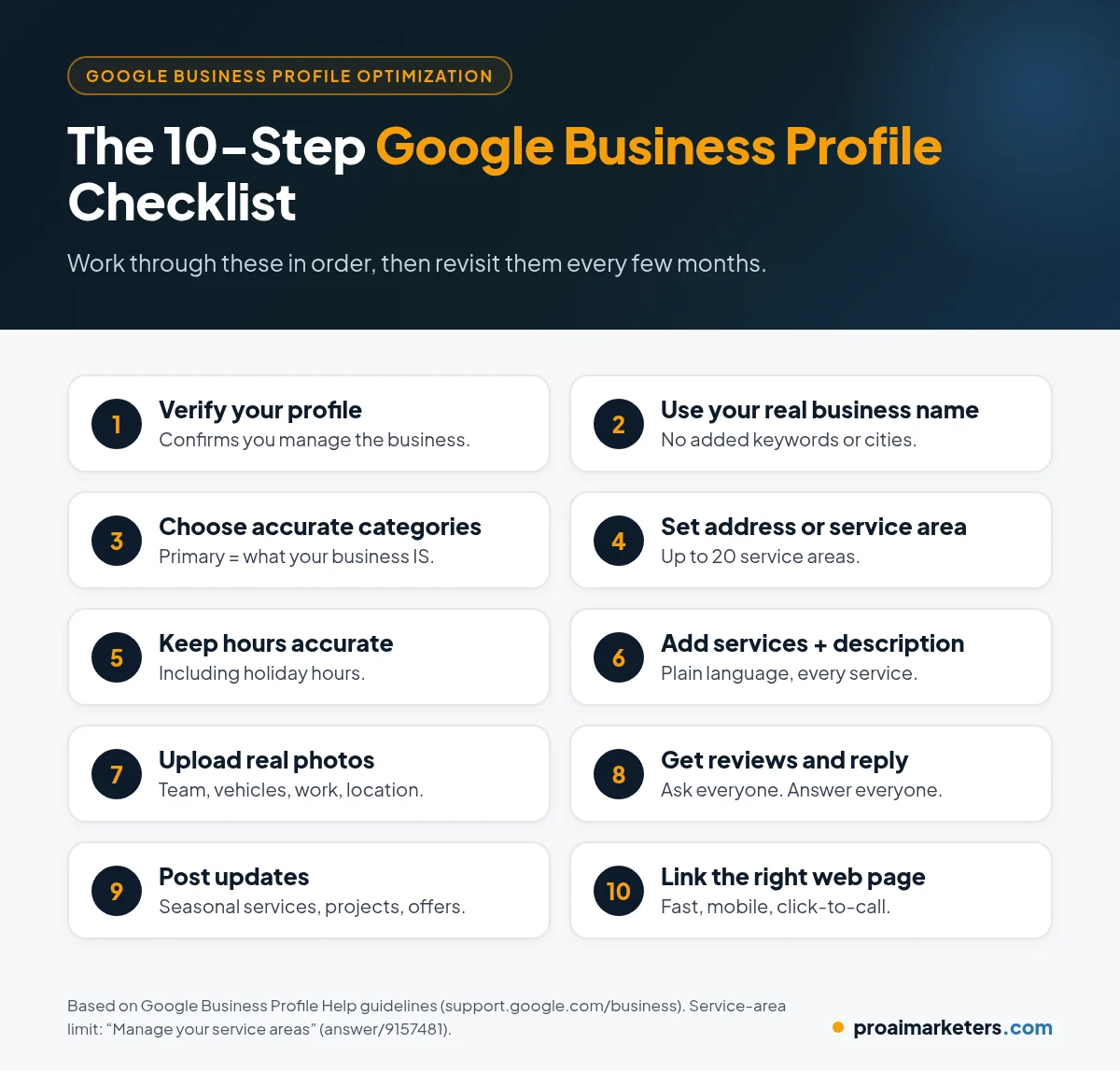 Google Business Profile optimization checklist with ten steps: verify, use your real business name, choose categories, set address or service area, keep hours accurate, add services and description, upload real photos, get and reply to reviews, post updates, and link to the right web page